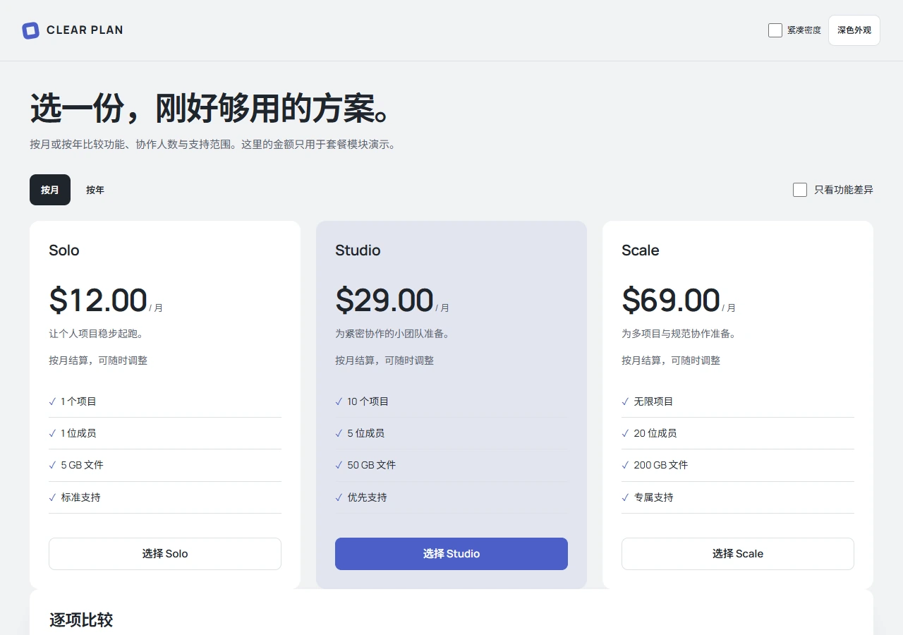 CLEAR PLAN 定价模块预览,展示方案卡片与功能比较结构